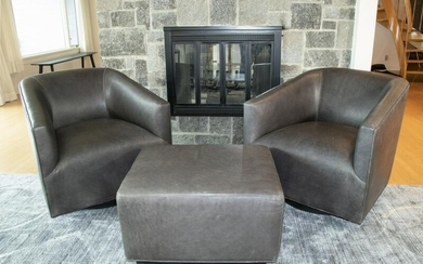 PR OF BLACK LEATHER ARMCHAIRS WITH MATCHING OTTOMAN