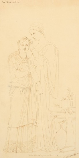 Painter unknown, 19th century: Two Italian women in classical garments. Indistinct signature, 77. Sepia on paper. Sheet size 37×18 cm.