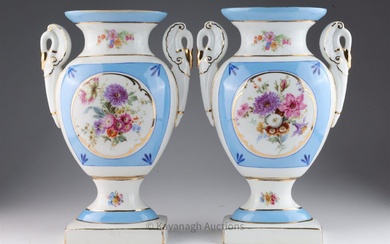 Pair Antique French Porcelain Floral Urns, Swans