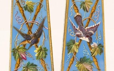Pair French Enameled Opaline Glass Bird Vases