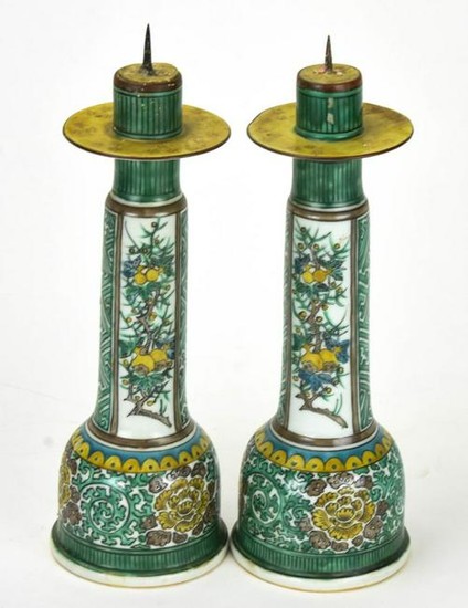 Pair Japanese Kutani Porcelain Candlesticks
