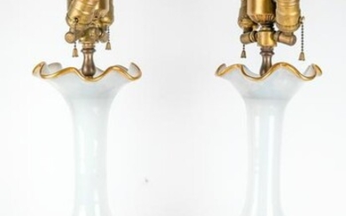 Pair Opaline Milk Glass & Bronze Table Lamps