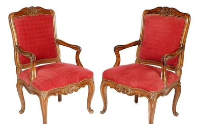 Pair Walnut French Louis XV Fauteuil Arm Chairs