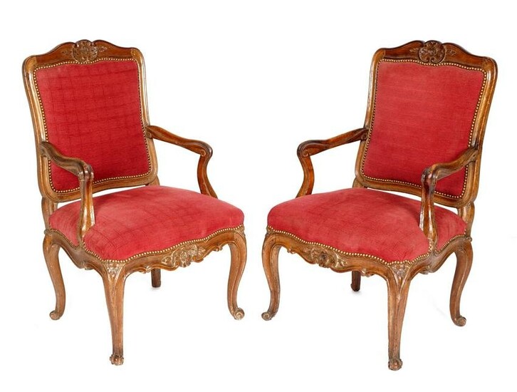 Pair Walnut French Louis XV Fauteuil Arm Chairs