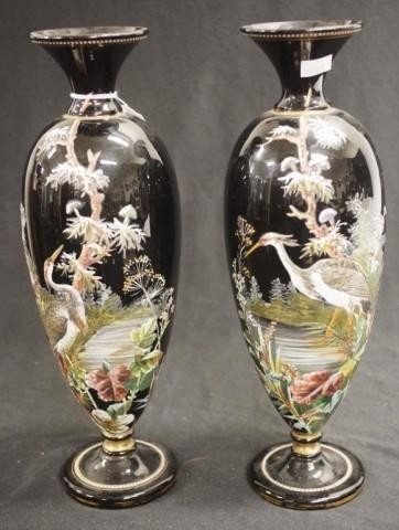 Pair antique hand painted glass vases each with a hand paint...