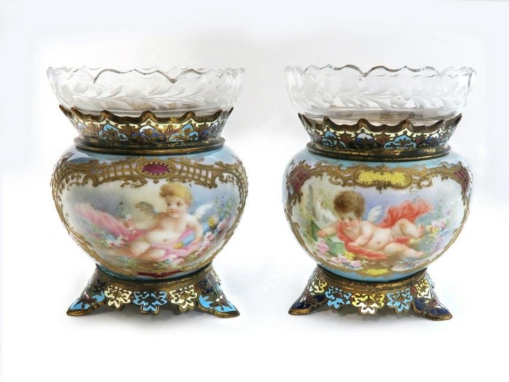 Pair of 19th C. French Champleve Enamel/Porcelain Vases