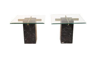 Pair of Artedi Glass Top Marble Side Tables
