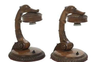 Pair of Carved Circassian Swan's-Head Desk Lamps