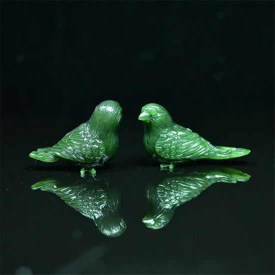 Pair of Chinese Hetian Green Jade Birds
