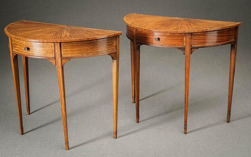 Pair of Edwardian Inlaid and Crossbanded Satinwood Demilune Console Tables Circa 1900