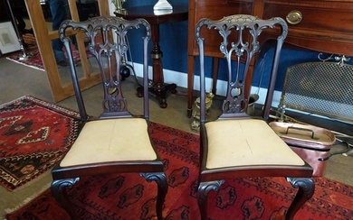 Pair of Edwardian mahogany side chairs with carved back and ...