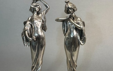 Pair of French Art Deco Lady Figurines on Marble Base - Par L. Alliot, Early 20th Century