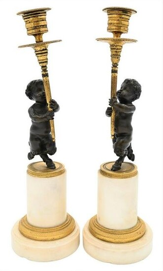 Pair of French Bronze and Marble Figural Candlesticks