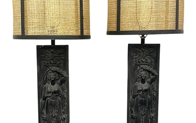 Pair of Giacometti Style Palatial Table Lamps, Custom Shades, Grecian, Metal