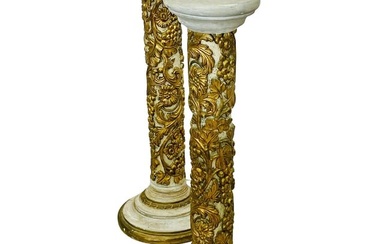 Pair of Giltwood and Paint Decorated Italian Columns, Pedestals, Gustavian Style