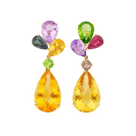 Pair of Gold and Gem-Set Pendant-Earclips