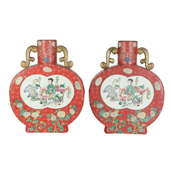 Pair of Vintage Chinese Porcelain Moon Flask Vases