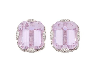 Pair of White Gold, Kunzite and Diamond Earclips
