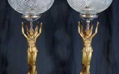 Pair of art nouveau figural lamps with angels, 33 in.
