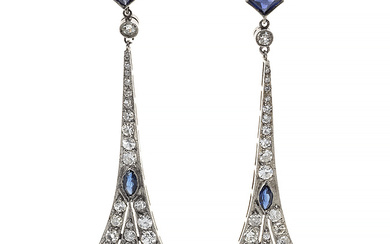 Pair of Art Deco earrings in platinum, diamonds, and sapphires, ca. 1910-1920
