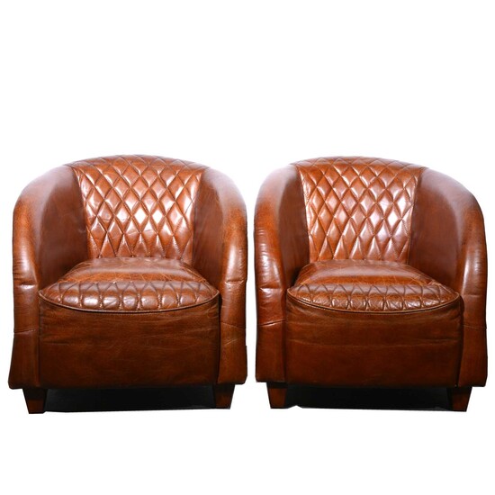 Pair of modern brown leather club chairs