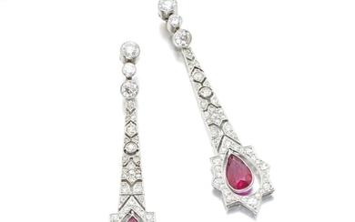 Pair of ruby and diamond pendent earrings