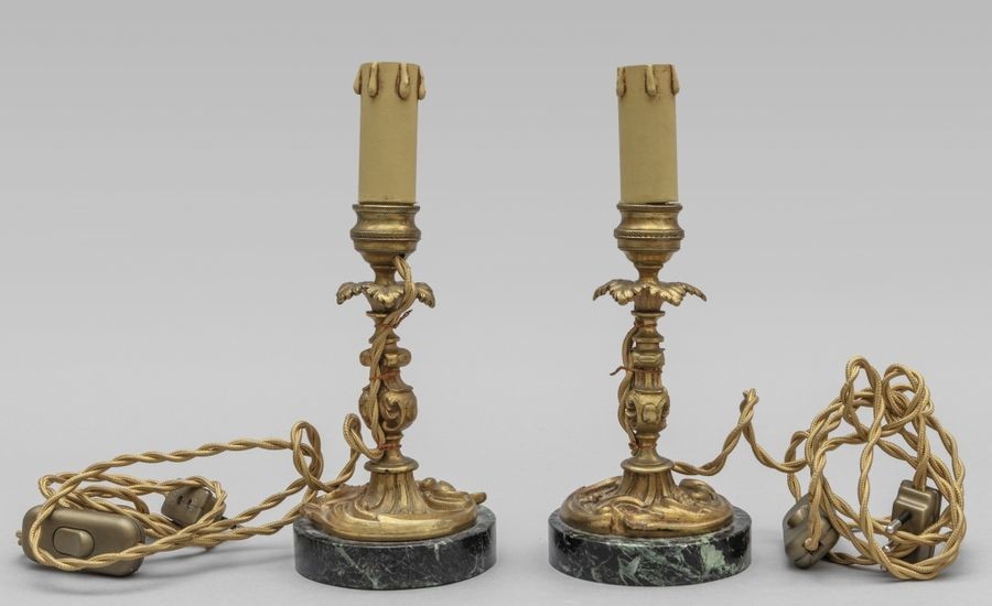 Pair of small bronze candlesticks, green marble base,...