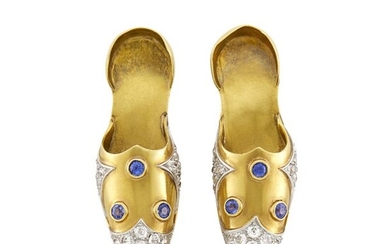 Paul Flato Pair of Gold, Platinum, Diamond and Sapphire Shoe Brooches