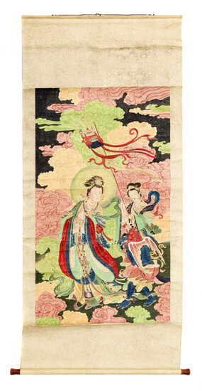 Personnages et créature dans les nuées, grande impression rehaussée de peinture sur papier montée en rouleau, Chine, dynastie Qing, 138x