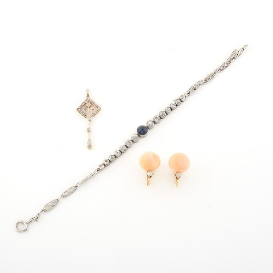 Platinum, Diamond and Cabochon Sapphire Bracelet, Pair of Gold, Coral and Diamond Earrings and Diamond Pendant