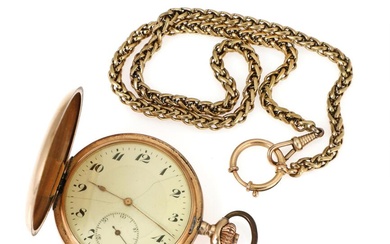 Pocket watch of 14k gold. Crown-winding and lever escapement. Chain of gold-plated...