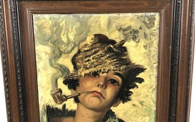Portrait of Boy Smoking Pipe - R. Lanzi Oil on canvas