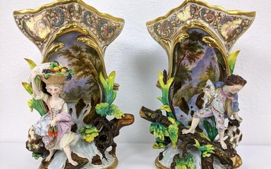 Pr Lg Old Paris Porcelain Highly Sculptural Figural Vas