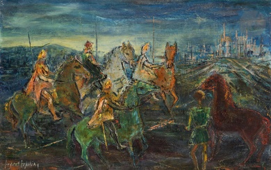 Puzant TOPALIAN (1902-1970) Les Cavaliers devant la cité Huile sur toile. Signée en bas à...