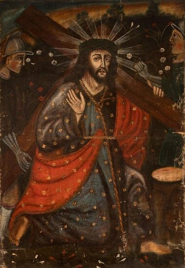 Quito School; XVII- XVIII centuries. "Christ with the cross on his back". Oil on canvas. Keep the