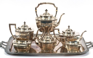 REED AND BARTON STERLING TEA SERVICE, 7 PCS. INCLUDES HOT WATER KETTLE. 87 TR OZ. ALSO PLATED TRAY