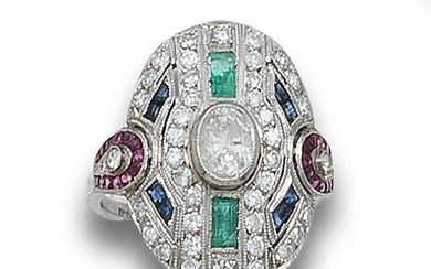 RING, ART DECO STYLE IN PLATINUM, DIAMONDS, RUBIES, EMERALDS AND SAPPHIRES