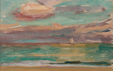 ROBERT HENRY LOGAN Seascape with a Sailboat on the Horizon Oil on board,...