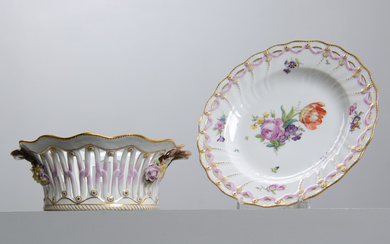 ROYAL COPENHAGEN. A 'Sachsisk bloom' porcelain plate and saucer, Denmark, early 20th century.