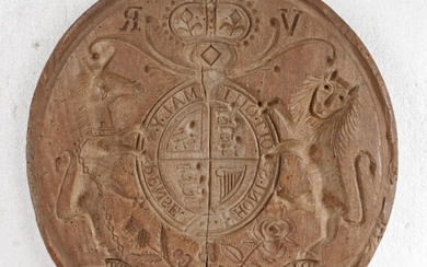 Rare Victorian treen cheese block print, carved in beech with Queen Victoria's Royal Crest, 37cm