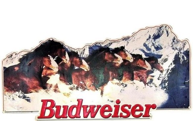 Rare Vintage Budweiser 1993-94 Metal Advertising Sign with Clydesdale and Rocky Mts.