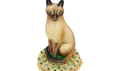 René Boivin | 'Chat Siamois' Enamel and Emerald Brooch | René Boivin | 'Chat Siamois' 琺瑯 配 祖母綠 胸針，1958年