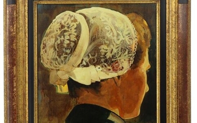 René DUCOURANT (1932) "Fleur d'Ajonc, portrait de bretonne", oil on canvas, signed lower left and titled on the back and dated "1990", 41 x 33 cm