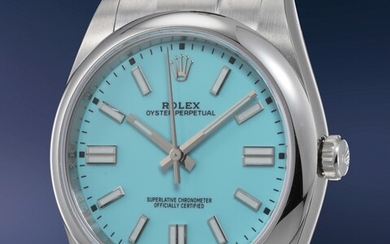 Rolex, Ref. 124300 One of the most desired watches of 2020, especially when combined with a striking "Tiffany Blue" dial, this 41mm Oyster Perpetual features new Chromalight luminous and calibre 3230 with its 70 hour power reserve. In practically...