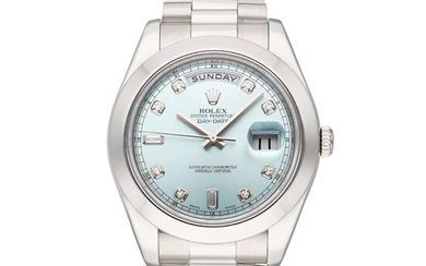 Rolex Reference 218206 Day-Date | A platinum and diamond-set automatic wristwatch with day, date, and bracelet, Circa 2011