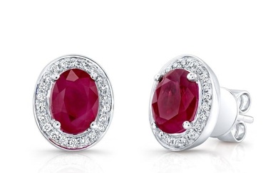 Ruby And Diamond Oval Halo Earrings In 14k White Gold