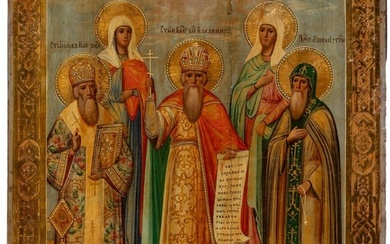 Russian icon from the late 19th century "Five Saints". Egg tempera and gold on wood. It presents