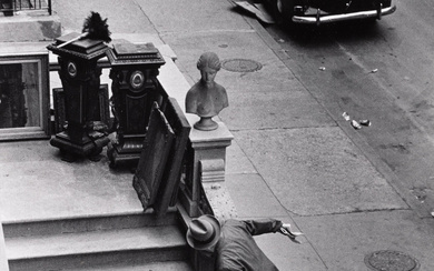 Ruth Orkin (1921-1985) Man Balancing on Stoop, West 88th Street, NYC, 1952