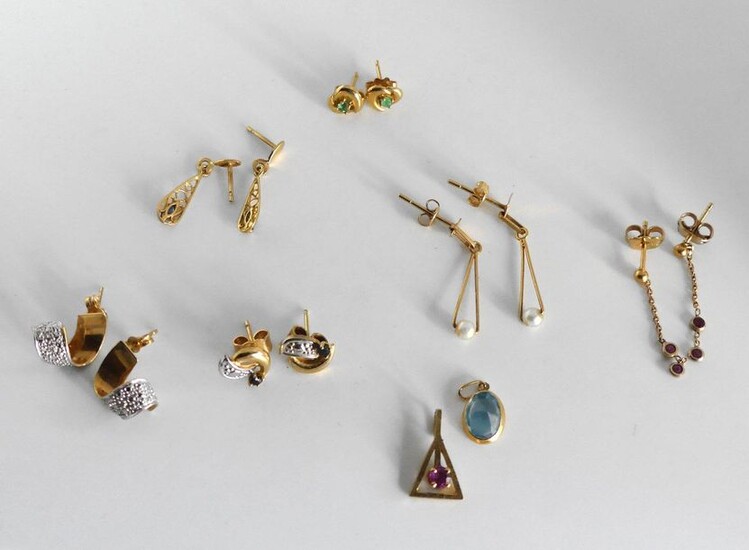 SIX PAIRS of GOLD MOUNTED EARRINGS and EARRINGS (one without strollers) and TWO small GOLD MOUNTED PENDANTS. Gross Weight 7.8 g