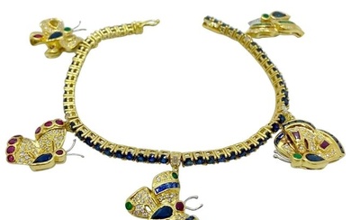Sabbadini 18KT YG Butterfly Charm Bracelet with Diamonds, Sapphire, Ruby, Emerald